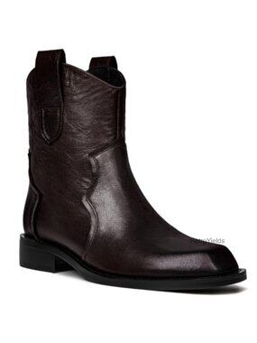 Genuine Leather Ankle Boots Women Round Toe Block Heel Western Booties